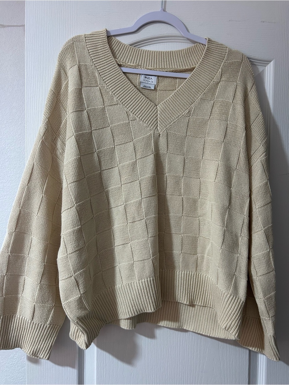 RVCA Beige Checker Knit V-Neck Sweater